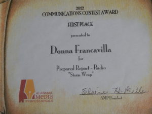 2012 Alabama Media Professionals Communications Contest Award - State Award - First Place presented to Donna Francavilla for Prepared Report - Radio "Storm Wrap"