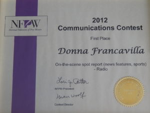 2012 National Federation of Press Women Communications Award - National Award - First Place - On-the-Scene Report (news, features, sports) - Radio