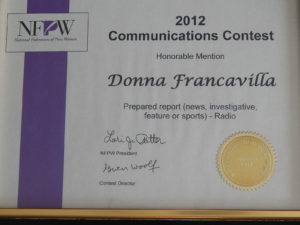 2012 National Federation of Press Women Communications Award - National Award -Second Place -Prepared Report (news, investigative, feature or sports) - Radio