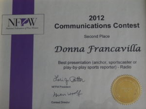 2012 National Federation of Press Women Communications Award - National Award- Second Place - Best Presentation (anchor, sportscaster or play-by-play sports reporter)