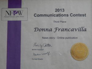 2013 National Federation of Press Women Communications Award - National Award - Third Place -  News story - Online Publication