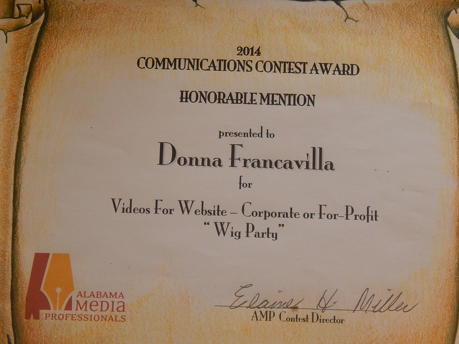 2014 Alabama Media Professionals Communications Contest Award – Honorable Mention  presented to Donna Francavilla for Videos for Website, Corporate or For-Profit – “Wig Party”