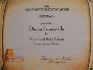 2014 Alabama Media Professionals Communications Contest Award - State Award - First Place presented to Donna Francavilla for Web & Social Media, Podcasts - "Congressional Medal" 1