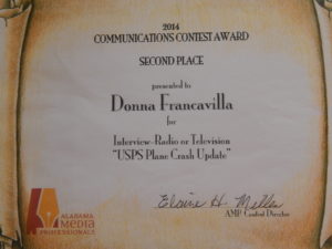 2014 Alabama Media Professionals Communications Contest Award - State Award - Second Place presented to Donna Francavilla for Interview - Radio or Television "USPS Plane Crash Update"