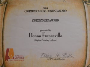 2014 Alabama Media Professionals Communications Contest Award - Sweepstakes Award  presented to Donna Francavilla for "Highest Scoring Entrant"