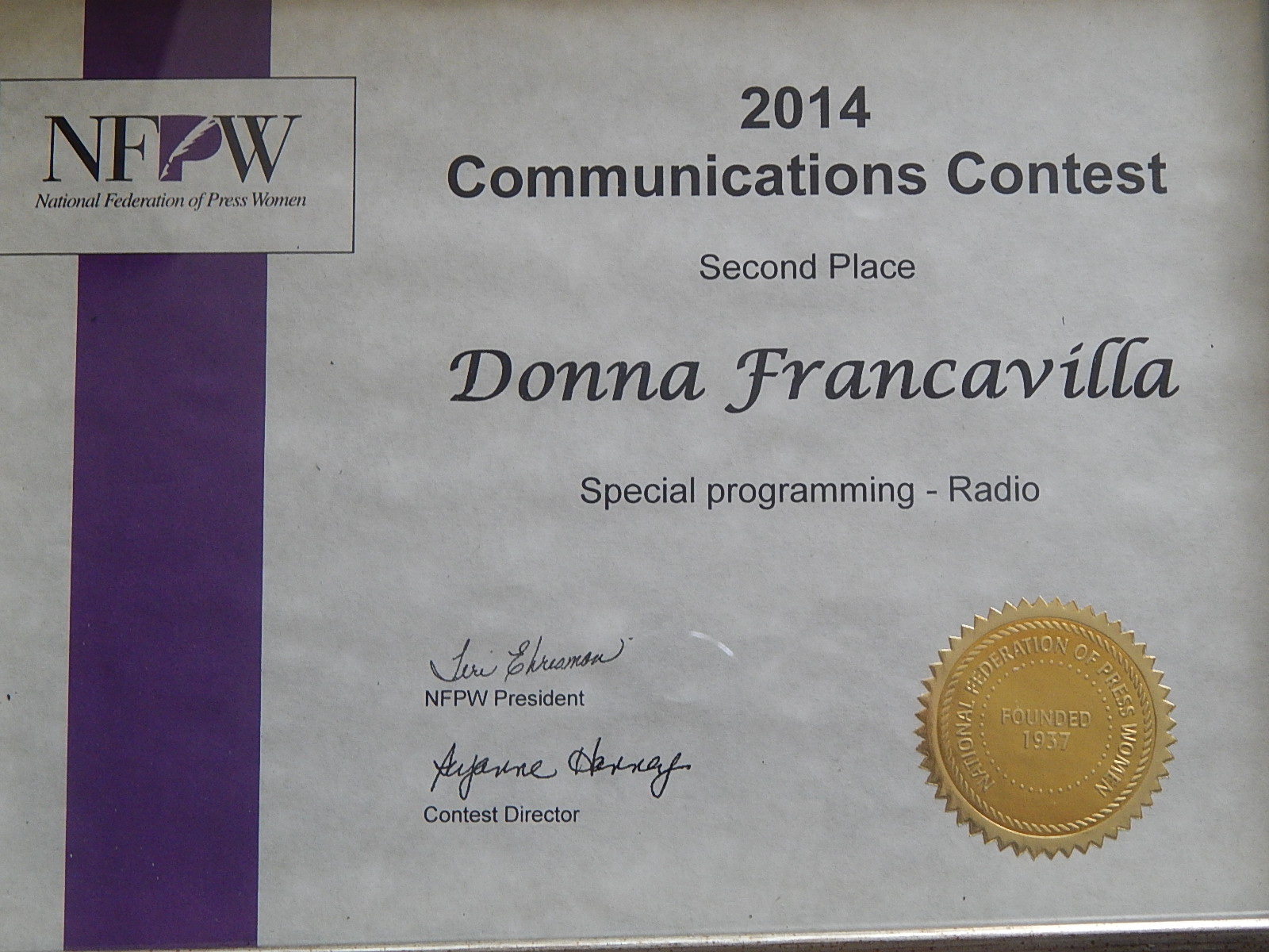 2014 National Federation of Press Women Communications Award - National Award - Second Place - presented to Donna Francavilla - Special Programming