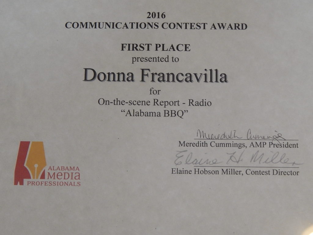 2016 Alabama Media Professionals Communications Contest Award - State Award - First Place presented to Donna Francavilla for On-the-Scene Report - Radio Alabama BBQ