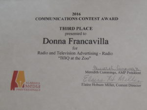 2016 Alabama Media Professionals Communications Contest Award - State Award - Third Place presented to Donna Francavilla for Radio and Television Advertising - Radio "BBQ at the Zoo"